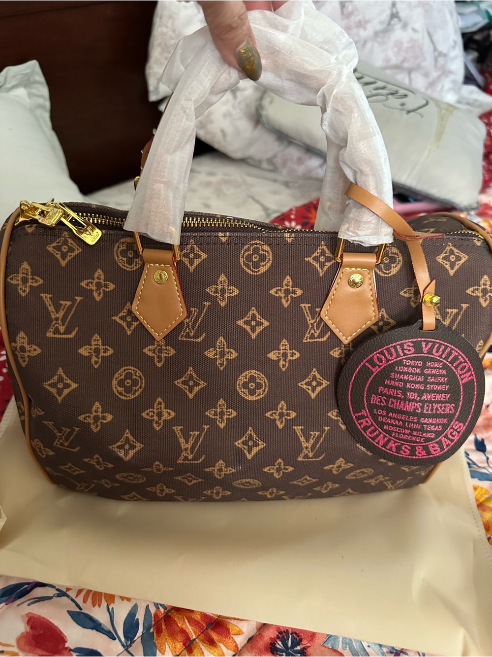 Monogram Satchel Exterior Pocket and Pink Tag - Picture 6 of 9